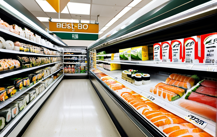 Frozen Sushi Aisle**
"A brightly lit freezer aisle in a well-stocked grocery store, featuring various packages of frozen sushi. Focus on clear labeling, 'best by' dates, and ingredient lists visible on the packaging. Shoppers browse, fully clothed in everyday attire. safe for work, appropriate content, fully clothed, professional product photography, clean and organized display, family-friendly environment"
**