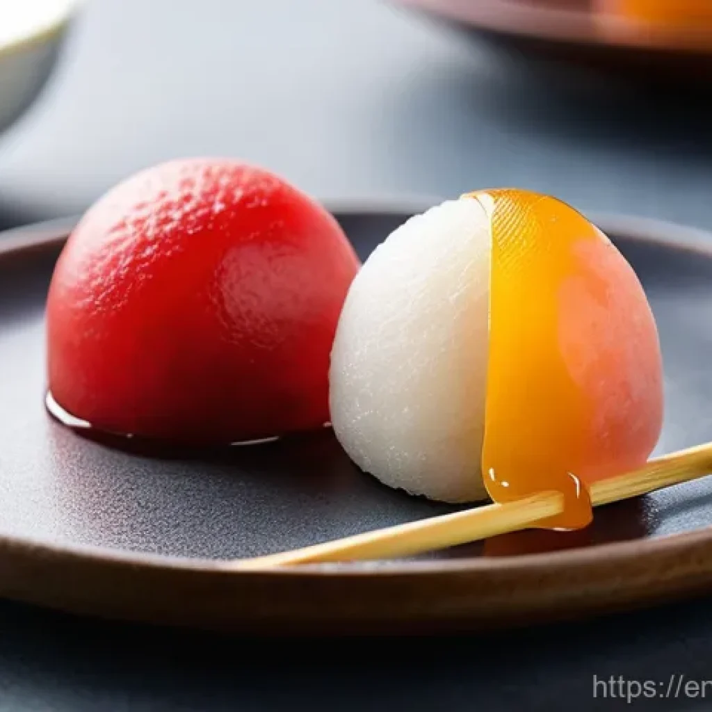 일본식 디저트 만들기 - **Mochi Delights: Strawberry Daifuku and Mitarashi Dango Display**
    A beautifully composed close-...