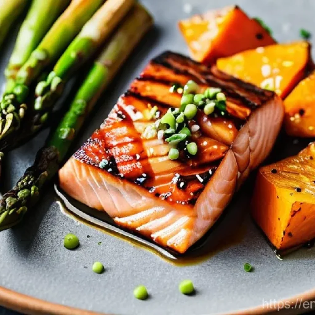 미소 된장의 활용법 - Miso-Glazed Salmon with Roasted Vegetables**

A close-up, top-down shot of a perfectly cooked salmon...