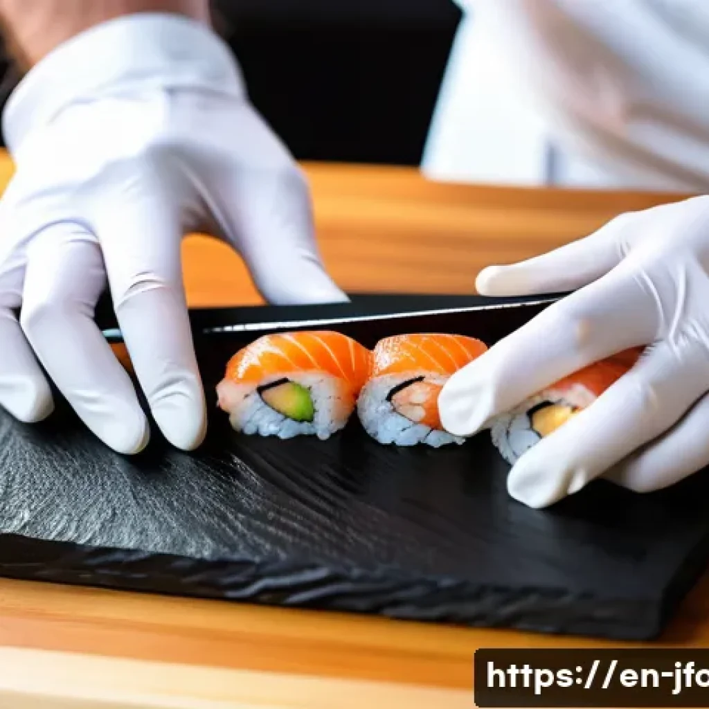 일본 스시 셰프 도구 - A close-up, hyper-realistic image of a sushi chef’s hand expertly slicing a fresh, glossy piece of s...