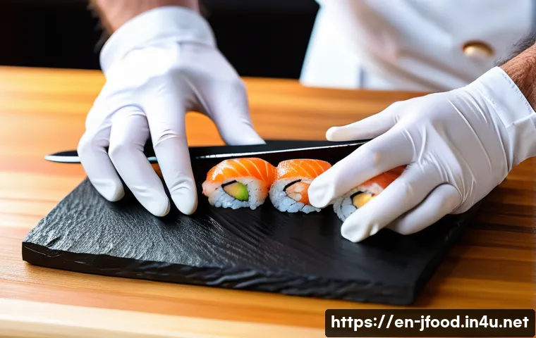 일본 스시 셰프 도구 - A close-up, hyper-realistic image of a sushi chef’s hand expertly slicing a fresh, glossy piece of s...