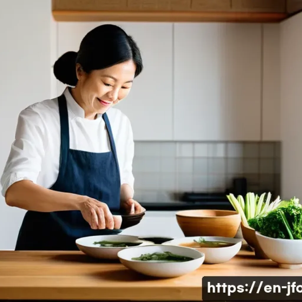 일본 가정식 맛집 - A warm and inviting Japanese home kitchen scene featuring a middle-aged Japanese woman wearing a sim...