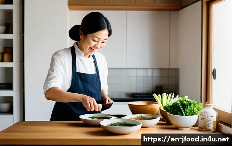 일본 가정식 맛집 - A warm and inviting Japanese home kitchen scene featuring a middle-aged Japanese woman wearing a sim...