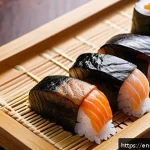 초밥 밥알의 비율 - A close-up, high-resolution image of perfectly formed nigiri sushi on a traditional wooden sushi pla...