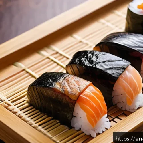 초밥 밥알의 비율 - A close-up, high-resolution image of perfectly formed nigiri sushi on a traditional wooden sushi pla...
