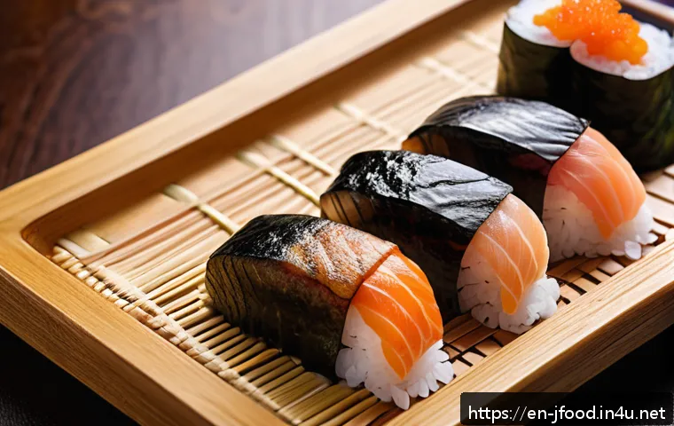 초밥 밥알의 비율 - A close-up, high-resolution image of perfectly formed nigiri sushi on a traditional wooden sushi pla...
