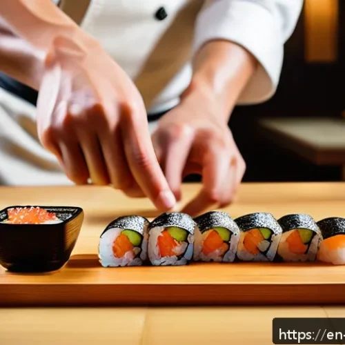 초밥 예절 - A sophisticated sushi bar scene showcasing a skilled sushi chef preparing nigiri sushi behind a wood...