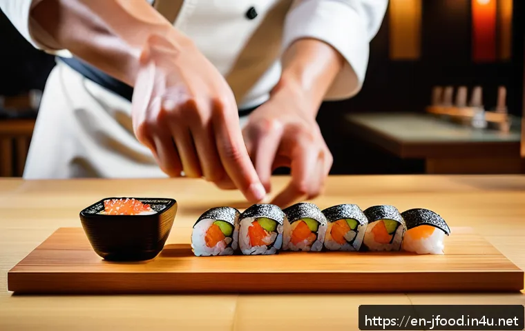 초밥 예절 - A sophisticated sushi bar scene showcasing a skilled sushi chef preparing nigiri sushi behind a wood...