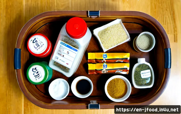 Home 17 일본 조미료 구매 팁 - Photorealistic overhead view of a tidy Japanese grocery shopping basket on a wooden counter, featuri...